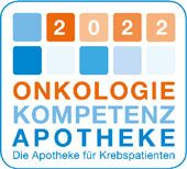 Das Logo zeigt "Onkologie Kompetenz Apotheke 2022" mit einem farbigen Raster und dem Slogan "Die Apotheke für Krebspatienten".