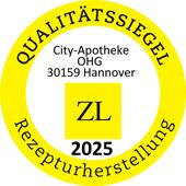 Das Bild zeigt ein gelbes Qualitätssiegel der City-Apotheke Hannover für Rezepturherstellung im Jahr 2025.
